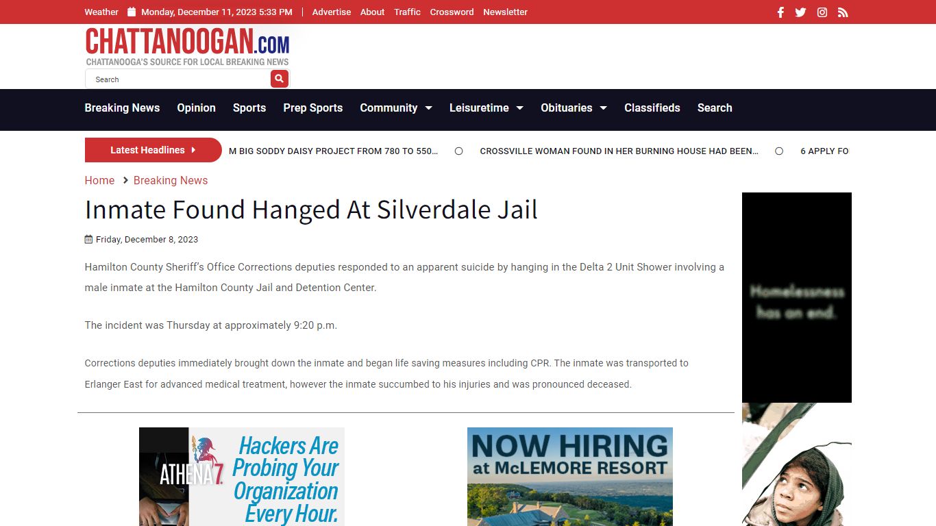 Inmate Found Hanged At Silverdale Jail - Chattanoogan.com